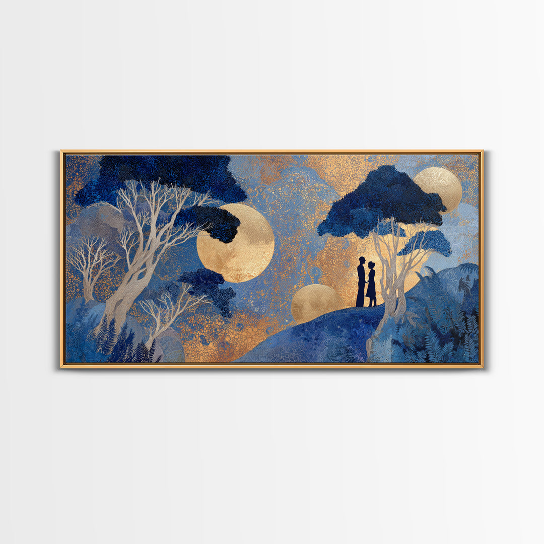 Couple Silhouette Beneath Moonlit Trees Framed Canvas Print, Wedding Art, Luxury Decor, Living Room Decor, Fine Art, Romance, WED-2x1-25