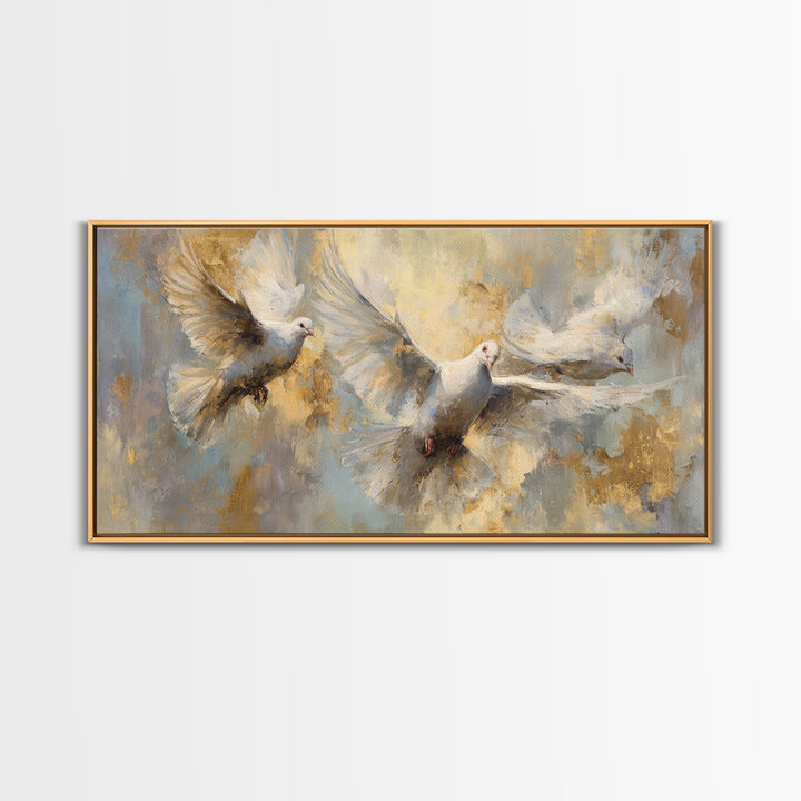 Doves Flying Through Soft Golden Light Canvas Print, Wedding Art, Art Print, Living Room Decor, Romance, Downloadable Art, WED-2x1-31