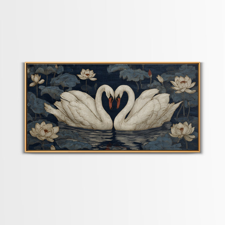 Two Swans Forming a Heart on Dark Framed Canvas Print, Wedding Art, Boho Decor, Living Room Decor, Fine Art, Romance, WED-2x1-46