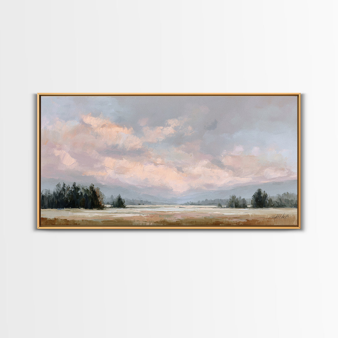 Blush Cloudscape with Dreamy Atmosphere Framed Canvas Print, Wedding Art, Downloadable Art, Living Room Decor, Watercolor Art, WED-2x1-59