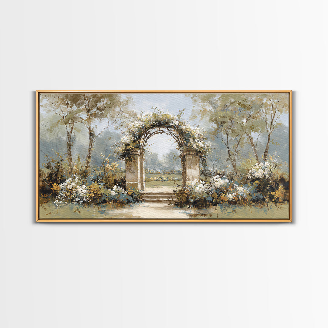 Romantic Garden Arch Covered Framed Canvas Print, Wedding Art, Neutral Decor, Living Room Decor, Oil Painting, Romance, WED-2x1-6