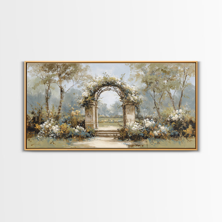 Romantic Garden Arch Covered Framed Canvas Print, Wedding Art, Neutral Decor, Living Room Decor, Oil Painting, Romance, WED-2x1-6