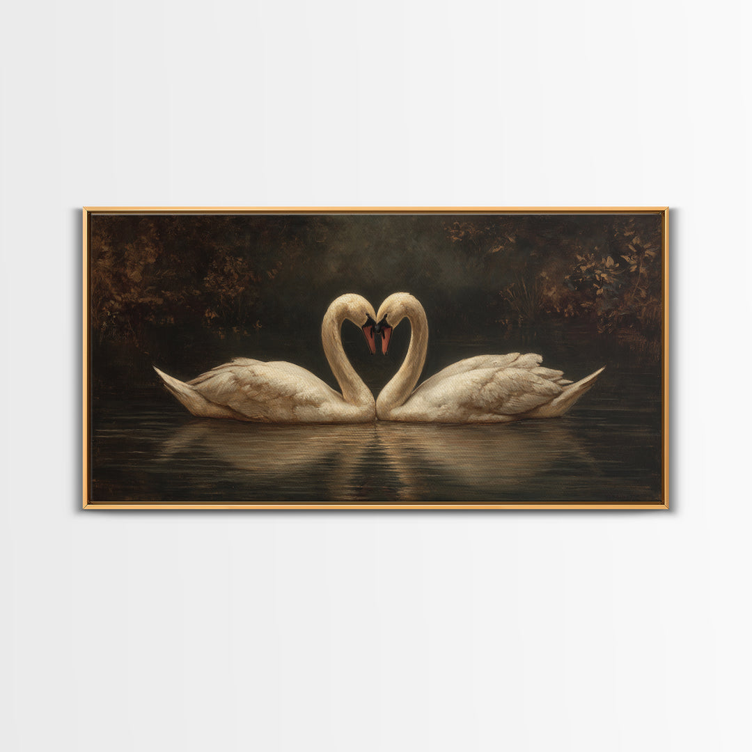 Two Swans Forming a Heart on Dark Canvas Print, Wedding Art, Minimalist Decor, Living Room Decor, Romance, Custom Painting, WED-2x1-70