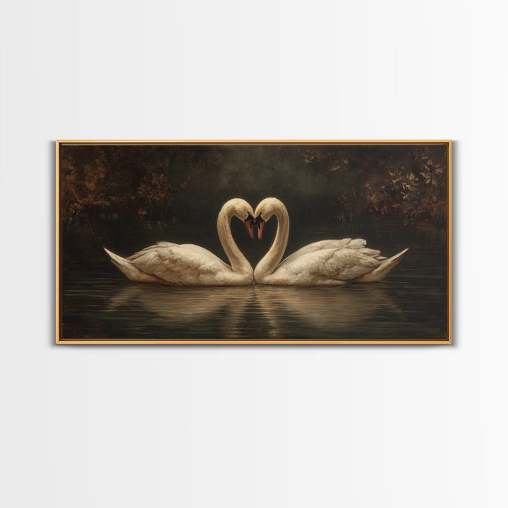 Two Swans Forming a Heart on Dark Canvas Print, Wedding Art, Minimalist Decor, Living Room Decor, Romance, Custom Painting, WED-2x1-70