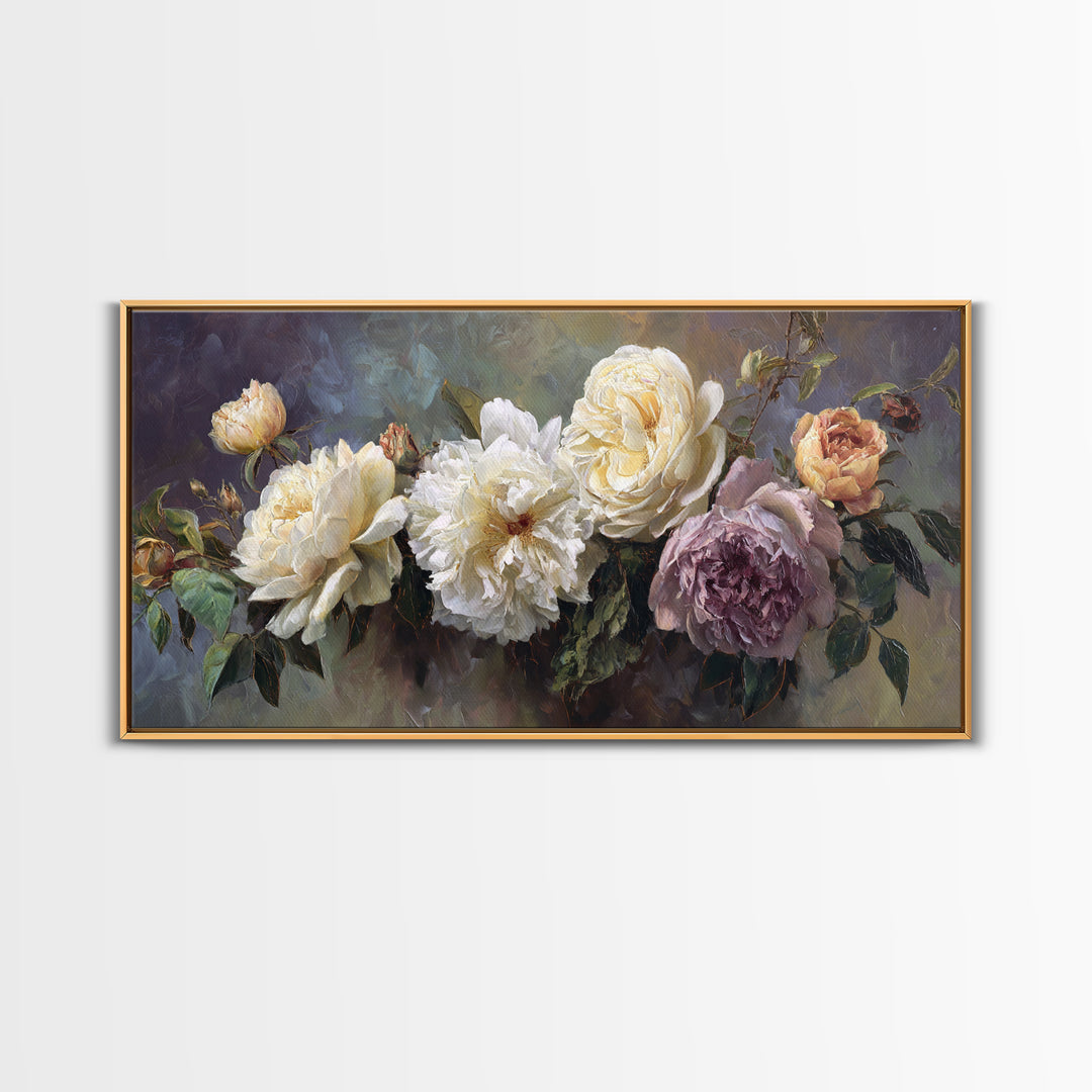 Romantic Bouquet of White Roses and Peonies Canvas Print, Wedding Art, Art Print, Living Room Decor, Fine Art, Romance, WED-2x1-93
