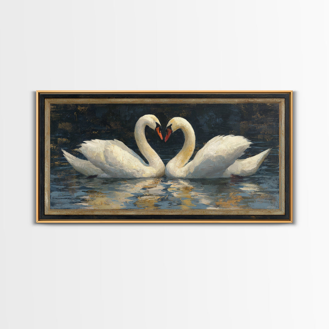 Two Swans Forming a Heart on Dark Canvas Print, Wedding Art, Minimalist Decor, Living Room Decor, Romance, Custom Painting, WED-2x1-94