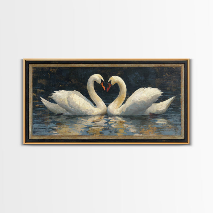 Two Swans Forming a Heart on Dark Canvas Print, Wedding Art, Minimalist Decor, Living Room Decor, Romance, Custom Painting, WED-2x1-94