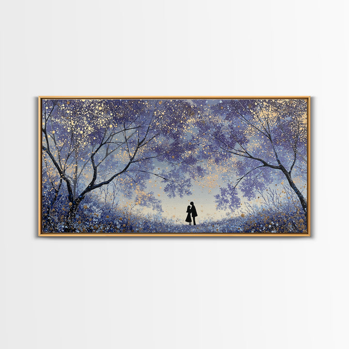 Couple Silhouette Beneath Moonlit Trees Framed Canvas Print, Wedding Art, Wedding Guest Book, Living Room Decor, Romance, WED-2x1-97