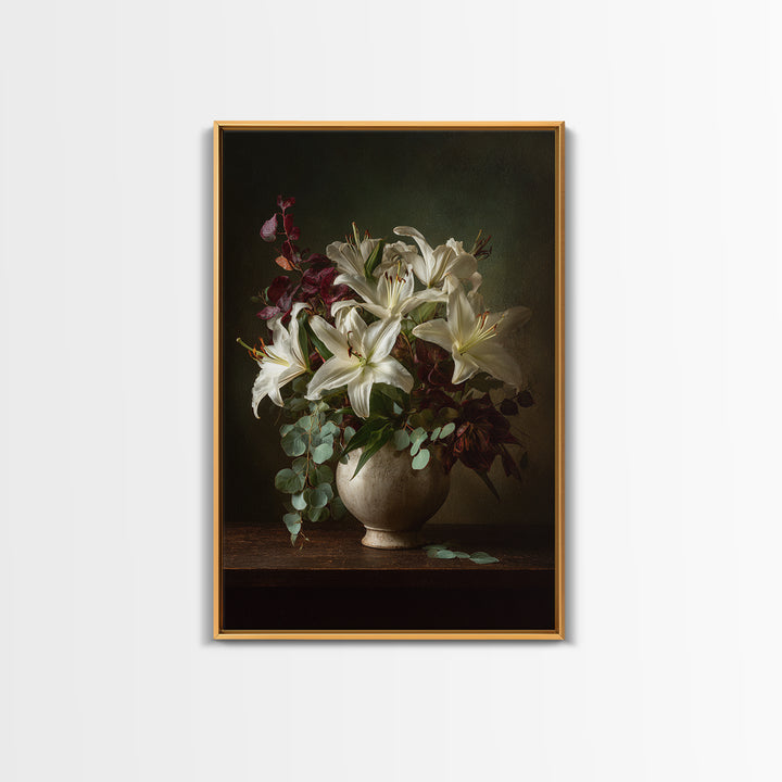 White Lilies and Eucalyptus Arrangement Framed Canvas Print, Wedding Art, Living Room Decor, Abstract Art, Romance, WED-2x3-17