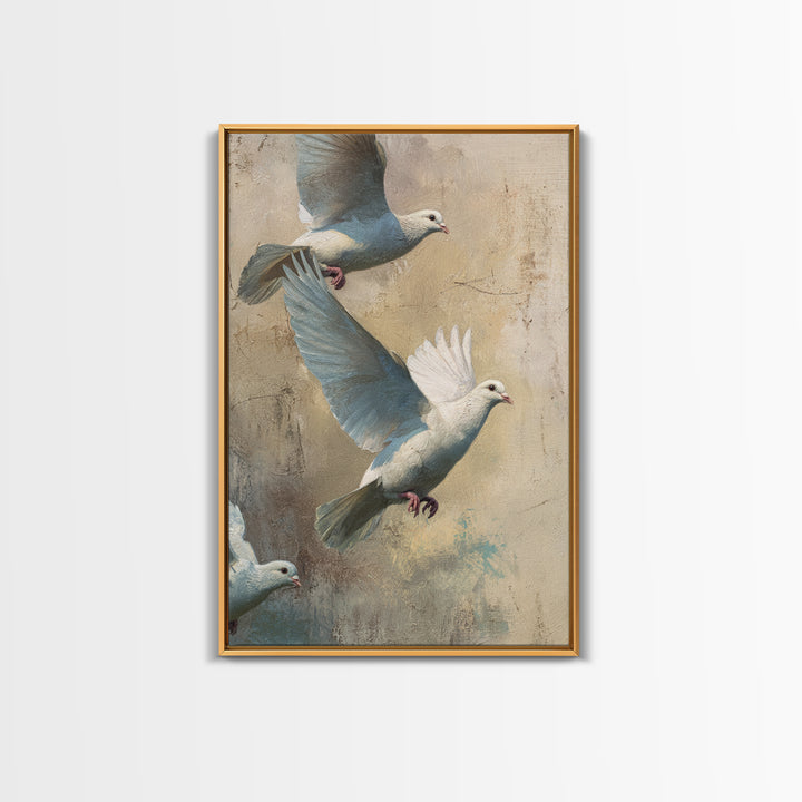 Doves Flying Through Soft Golden Light Framed Canvas Print, Wedding Art, Bride and Groom, Living Room Decor, Fine Art, Romance, WED-2x3-19