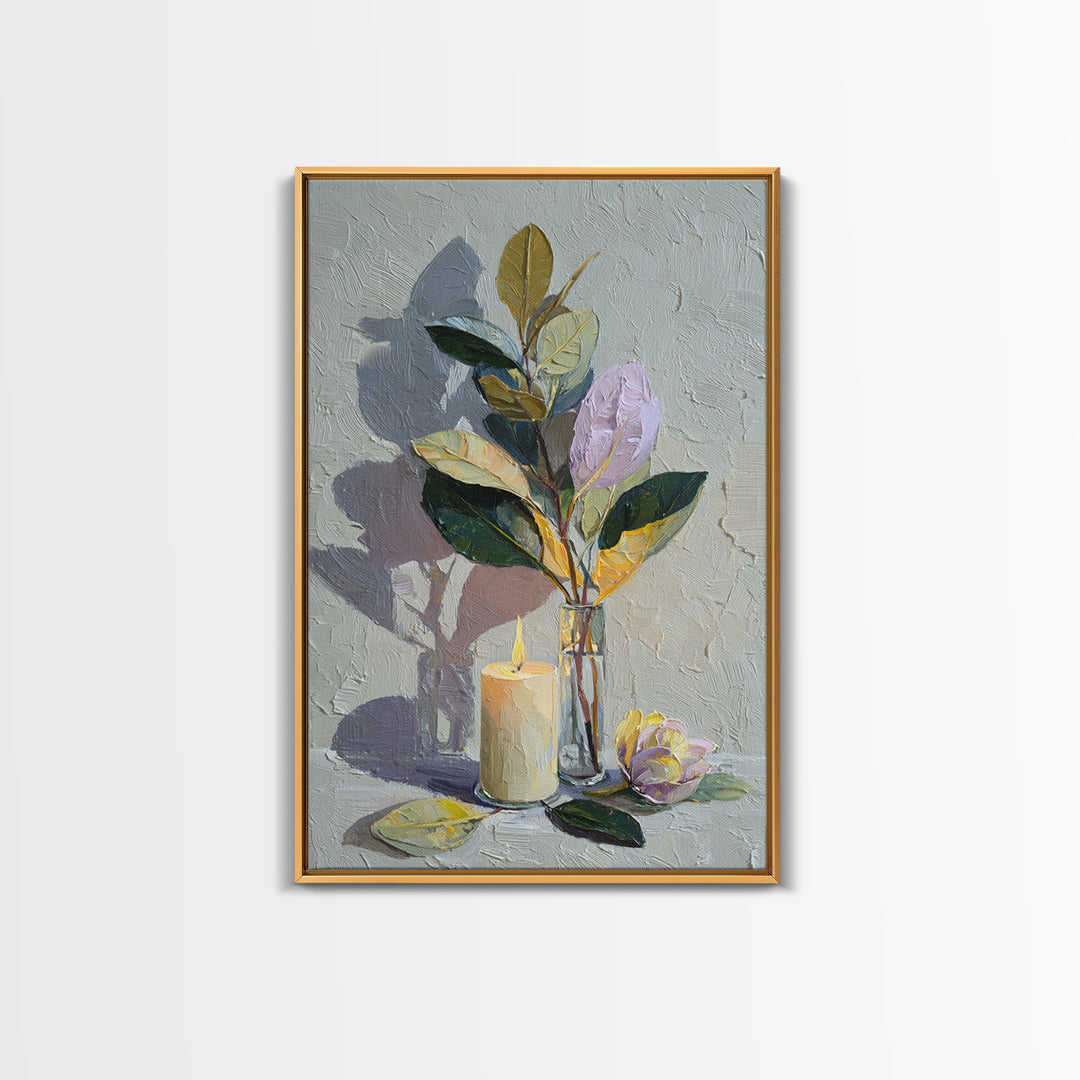 Romantic Candle and Floral Still Life Framed Canvas Print, Wedding Art, Gallery Decor, Living Room Decor, Oil Painting, Romance, WED-2x3-30