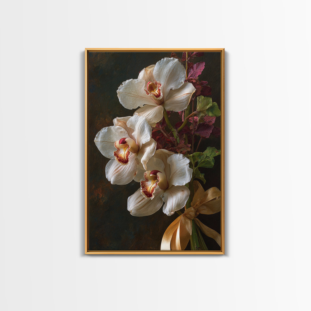 White Orchid and Gold Ribbon Composition Canvas Print, Wedding Art, Downloadable Art, Living Room Decor, Fine Art, Romance, WED-2x3-32