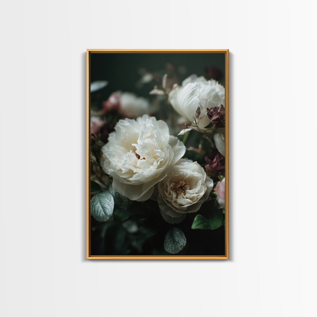 Romantic Bouquet of White Roses and Peonies Framed Canvas Print, Wedding Art, Art, Living Room Decor, Watercolor Art, Romance, WED-2x3-33