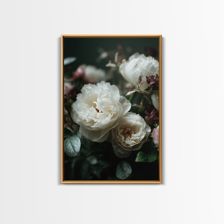 Romantic Bouquet of White Roses and Peonies Framed Canvas Print, Wedding Art, Art, Living Room Decor, Watercolor Art, Romance, WED-2x3-33