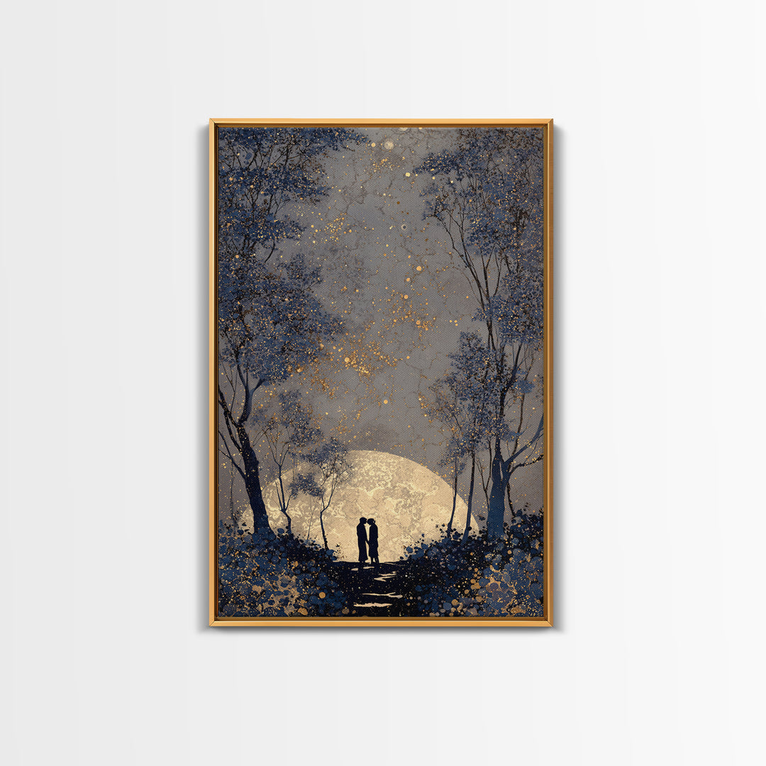 Couple Silhouette Beneath Moonlit Trees Framed Canvas Print, Wedding Art, Room Decor, Living Room Decor, Fine Art, Romance, WED-2x3-37