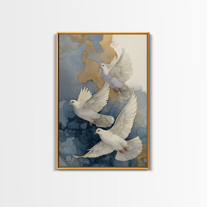 Doves Flying Through Soft Golden Light Framed Canvas Print, Wedding Art, Wall Decor, Living Room Decor, Fine Art, Romance, WED-2x3-43