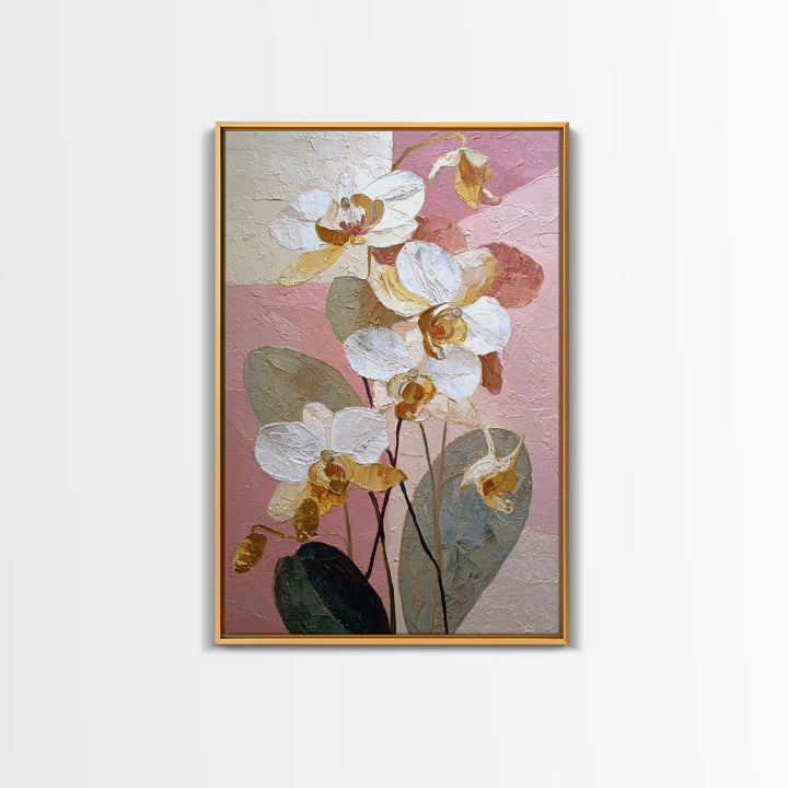 White Orchid and Gold Ribbon Composition Framed Canvas Print, Wedding Art, Wedding Reception, Living Room Decor, Abstract Art, WED-2x3-56