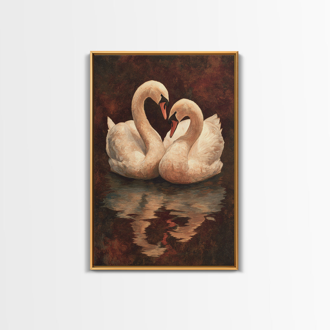 Two Swans Forming a Heart on Dark Canvas Print, Wedding Art, Contemporary Art, Living Room Decor, Fine Art, Romance, Custom Art, WED-2x3-58