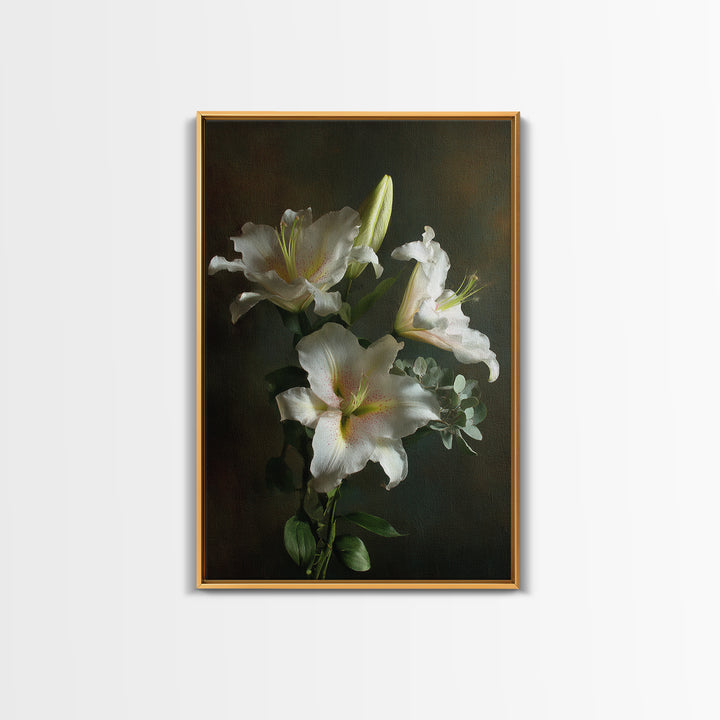 White Lilies and Eucalyptus Arrangement Canvas Print, Wedding Art, Wedding Gift, Living Room Decor, Fine Art, Romance, WED-2x3-65