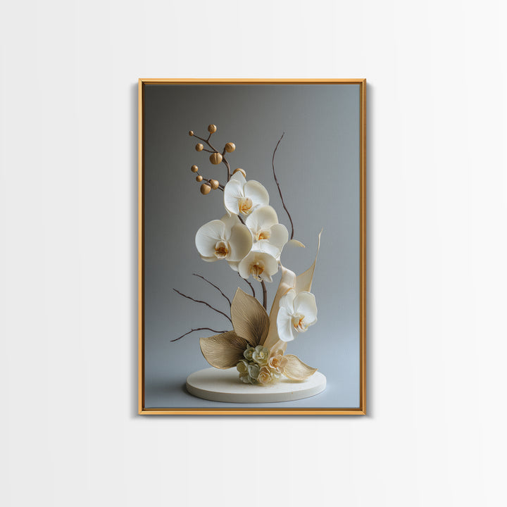 White Orchid and Gold Ribbon Composition Framed Canvas Print, Wedding Art, Custom Art, Living Room Decor, Oil Painting, Romance, WED-2x3-8
