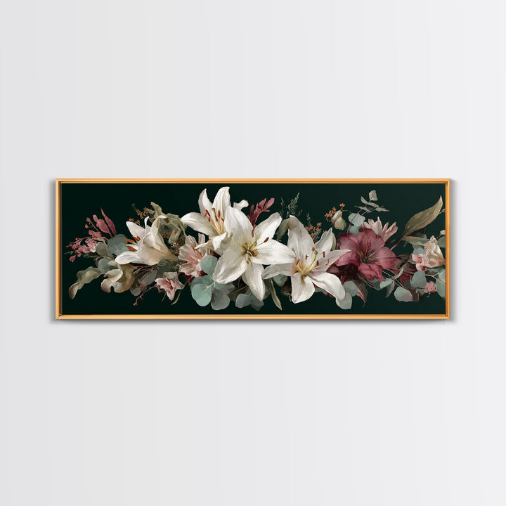 White Lilies and Eucalyptus Arrangement Framed Canvas Print, Wedding Art, Wedding Sign, Living Room Decor, Fine Art, Romance, WED-3x1-1