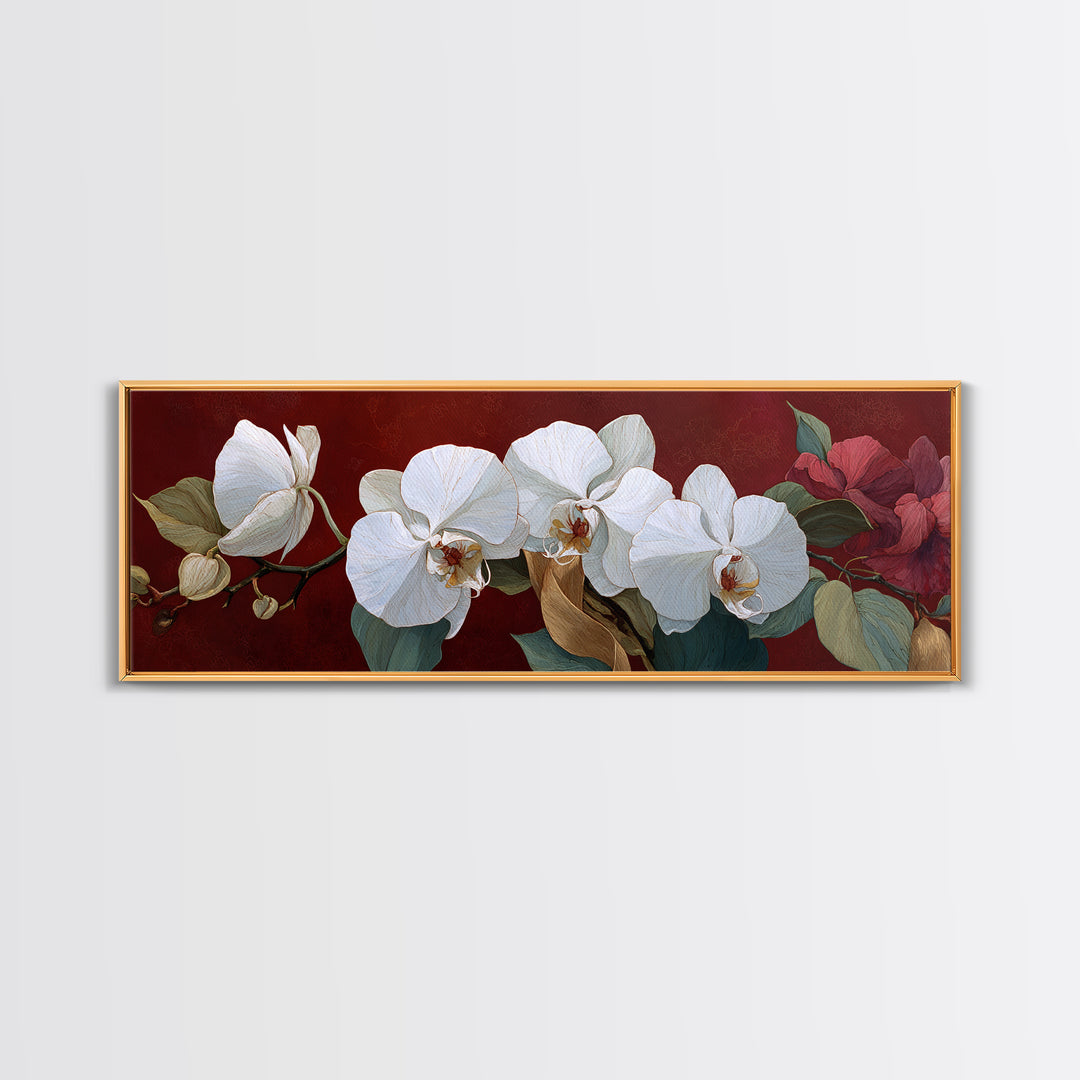 White Orchid and Gold Ribbon Composition Canvas Print, Wedding Art, Rustic Wedding, Living Room Decor, Fine Art, Romance, WED-3x1-16