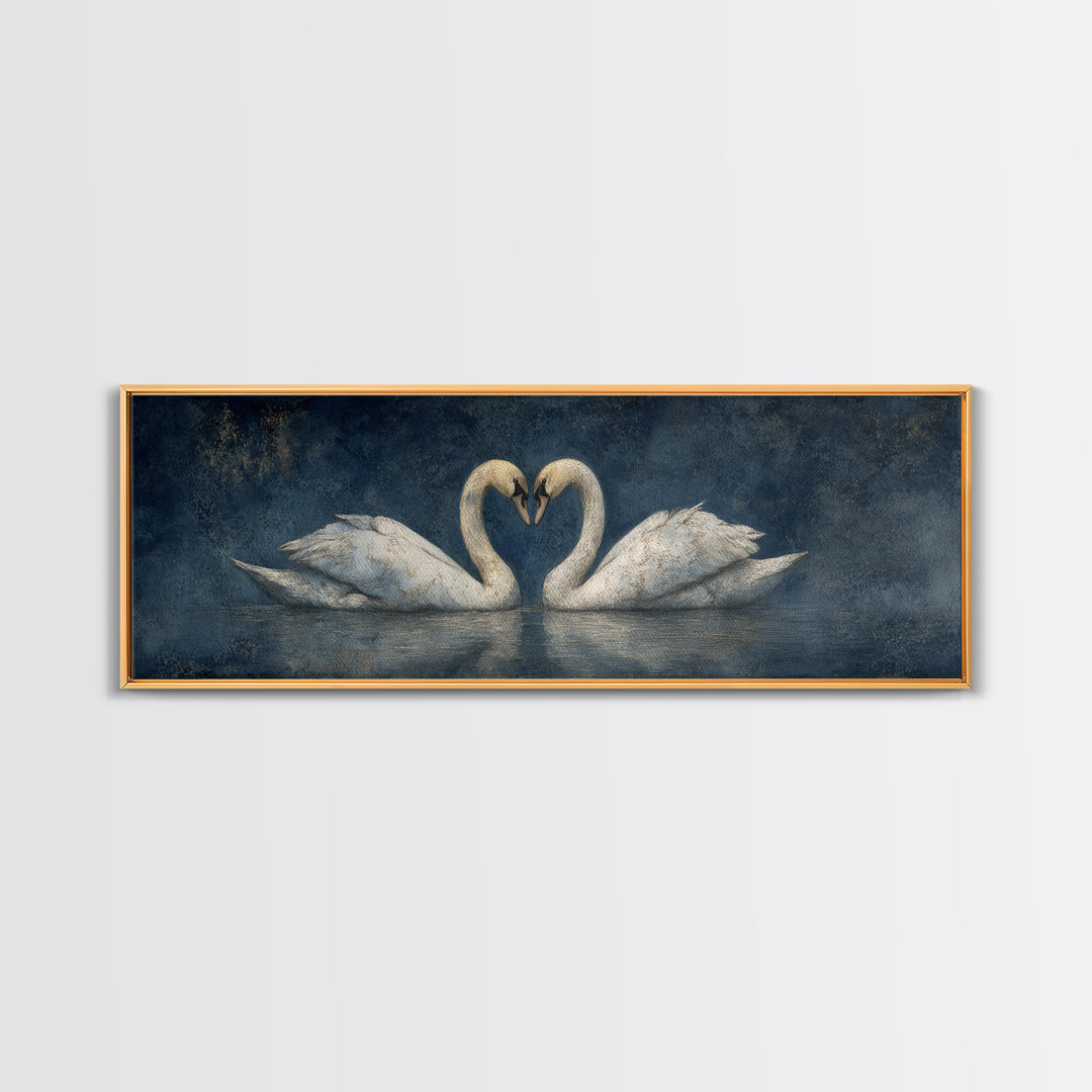 Two Swans Forming a Heart on Dark Framed Canvas Print, Wedding Art, Custom Portrait, Living Room Decor, Fine Art, Romance, WED-3x1-18
