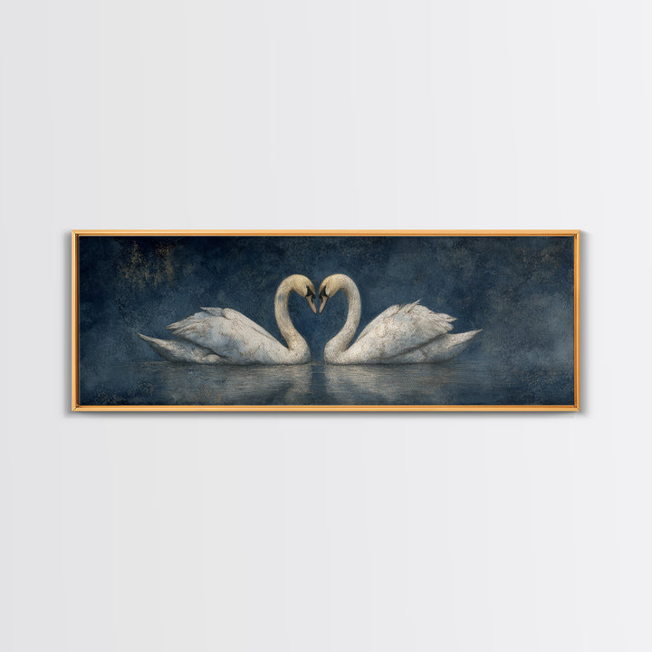 Two Swans Forming a Heart on Dark Framed Canvas Print, Wedding Art, Custom Portrait, Living Room Decor, Fine Art, Romance, WED-3x1-18