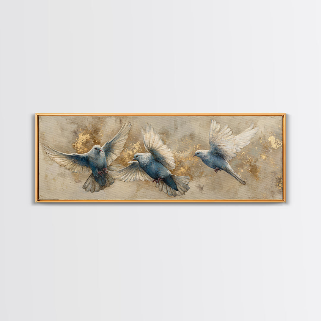 Doves Flying Through Soft Golden Light Canvas Print, Wedding Art, Personalized Wedding, Living Room Decor, Fine Art, Romance, WED-3x1-3