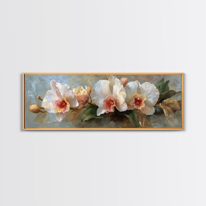 White Orchid and Gold Ribbon Composition Canvas Print, Wedding Art, Wedding Stationery, Living Room Decor, Fine Art, Romance, WED-3x1-40