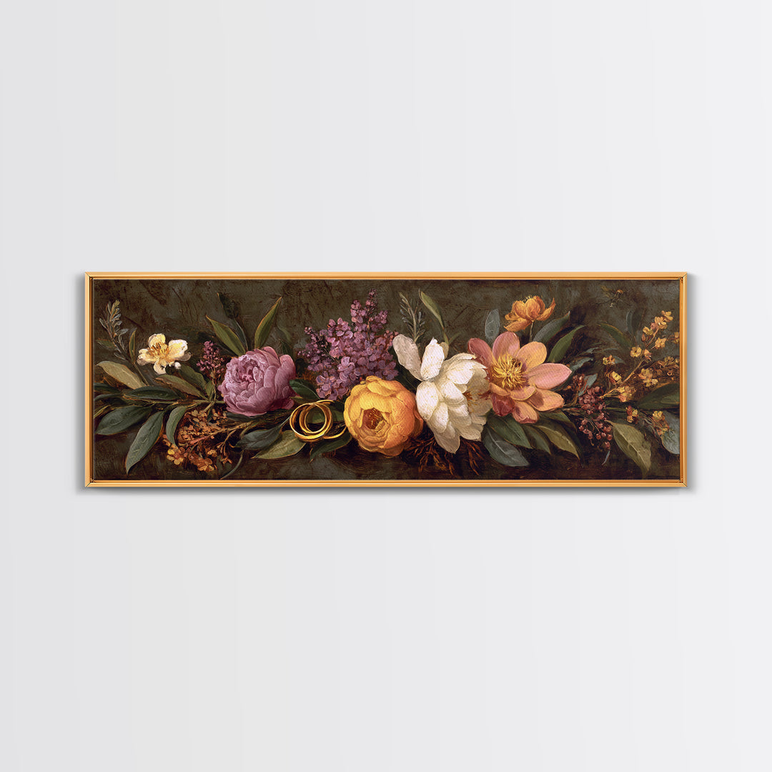 Gold Rings Resting on Velvet and Flowers Canvas Print, Wedding Art, Minimalist Decor, Living Room Decor, Fine Art, Romance, WED-3x1-43