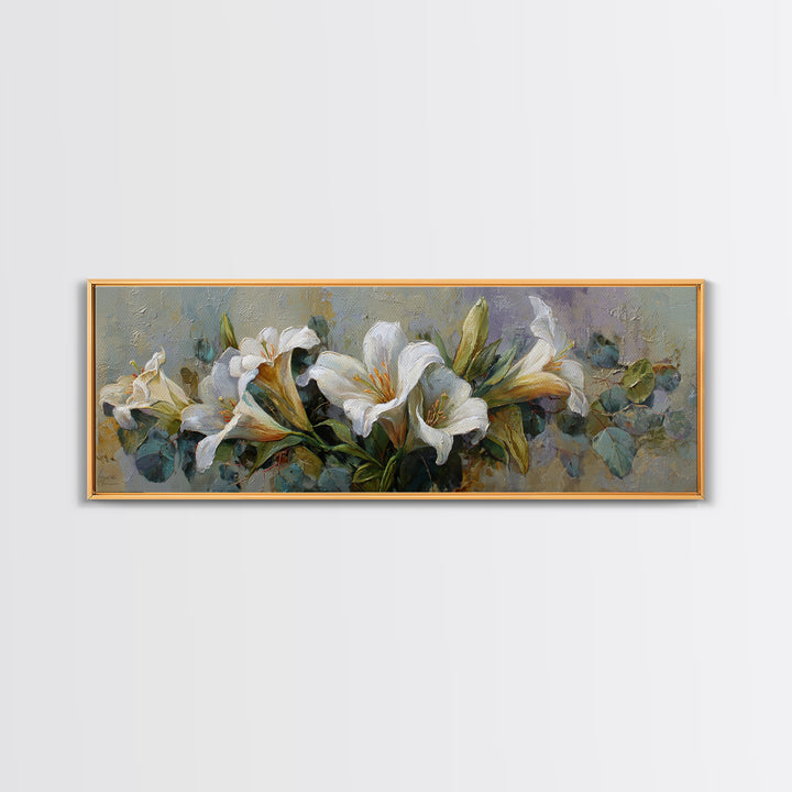 White Lilies and Eucalyptus Arrangement Canvas Print, Wedding Art, Custom Wedding Gift, Living Room Decor, Abstract Art, WED-3x1-49