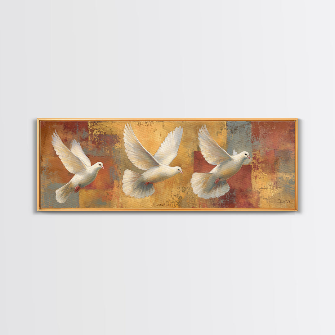 Doves Flying Through Soft Golden Light Framed Canvas Print, Wedding Art, Art, Living Room Decor, Romance, Custom Wedding Gift, WED-3x1-51