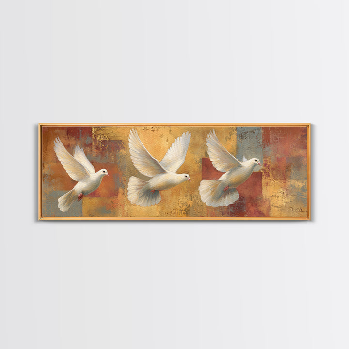 Doves Flying Through Soft Golden Light Framed Canvas Print, Wedding Art, Art, Living Room Decor, Romance, Custom Wedding Gift, WED-3x1-51