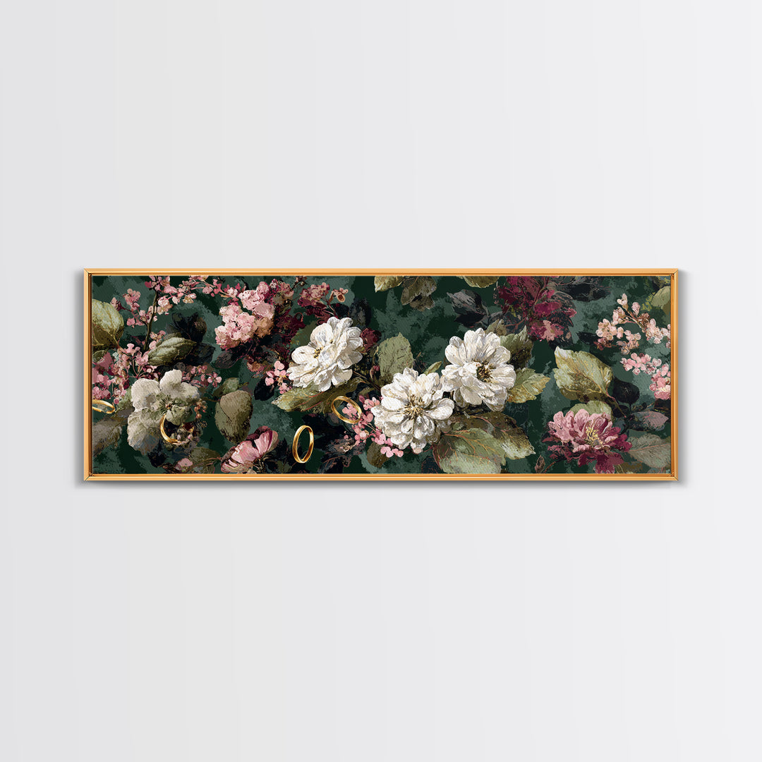 Gold Rings Resting on Velvet and Flowers Framed Canvas Print, Wedding Art, Custom Portrait, Living Room Decor, Romance, WED-3x1-67