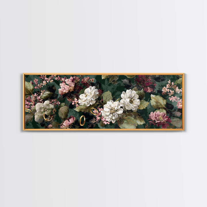 Gold Rings Resting on Velvet and Flowers Framed Canvas Print, Wedding Art, Custom Portrait, Living Room Decor, Romance, WED-3x1-67