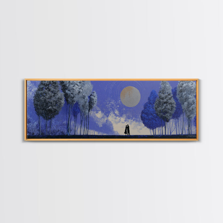 Couple Silhouette Beneath Moonlit Trees Framed Canvas Print, Wedding Art, Downloadable Art, Living Room Decor, Romance, WED-3x1-69