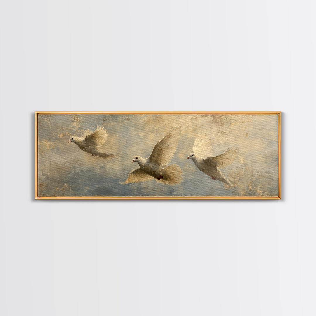 Doves Flying Through Soft Golden Light Canvas Print, Wedding Art, Wedding Guest Book, Living Room Decor, Fine Art, Romance, WED-3x1-75
