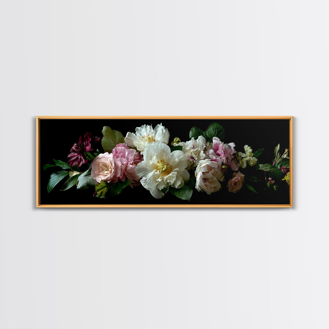 Romantic Bouquet of White Roses and Peonies Framed Canvas Print, Wedding Art, Beach Wedding, Living Room Decor, Oil Painting, WED-3x1-89