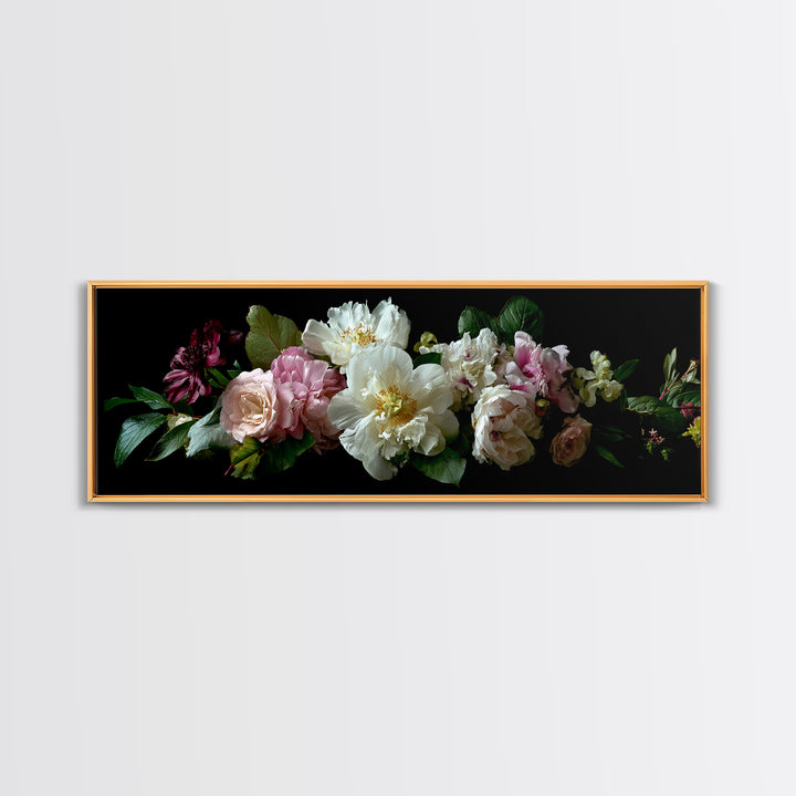 Romantic Bouquet of White Roses and Peonies Framed Canvas Print, Wedding Art, Beach Wedding, Living Room Decor, Oil Painting, WED-3x1-89