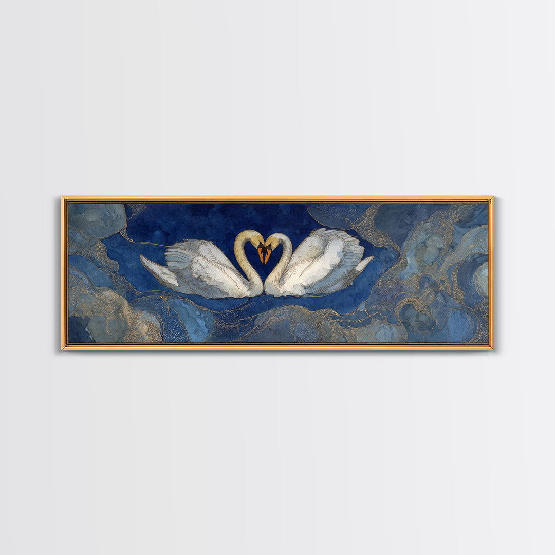 Two Swans Forming a Heart on Dark Framed Canvas Print, Wedding Art, Jewish Art, Living Room Decor, Fine Art, Romance, WED-3x1-90