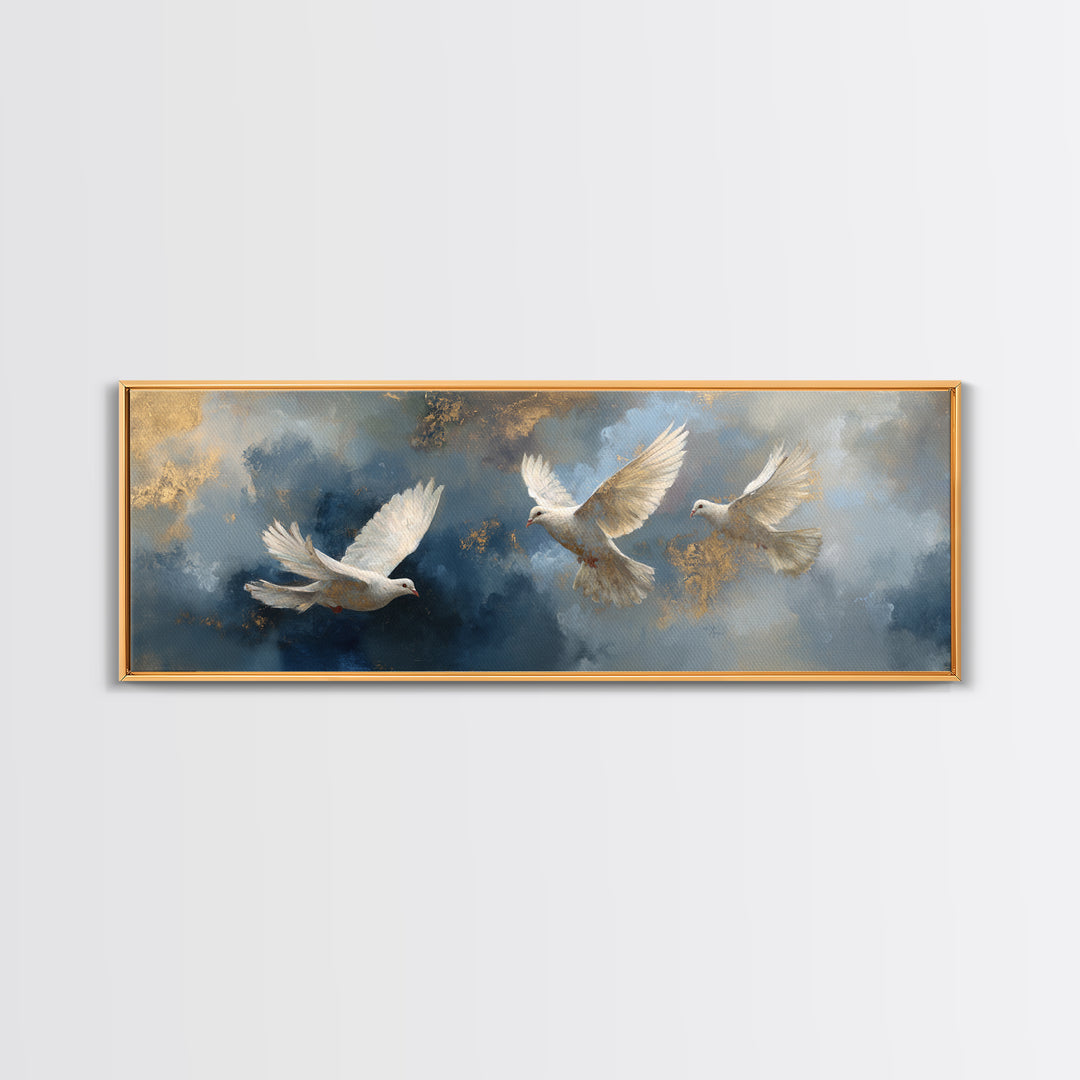 Doves Flying Through Soft Golden Light Framed Canvas Print, Wedding Art, Gallery Decor, Living Room Decor, Fine Art, Romance, WED-3x1-99