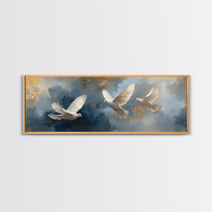 Doves Flying Through Soft Golden Light Framed Canvas Print, Wedding Art, Gallery Decor, Living Room Decor, Fine Art, Romance, WED-3x1-99