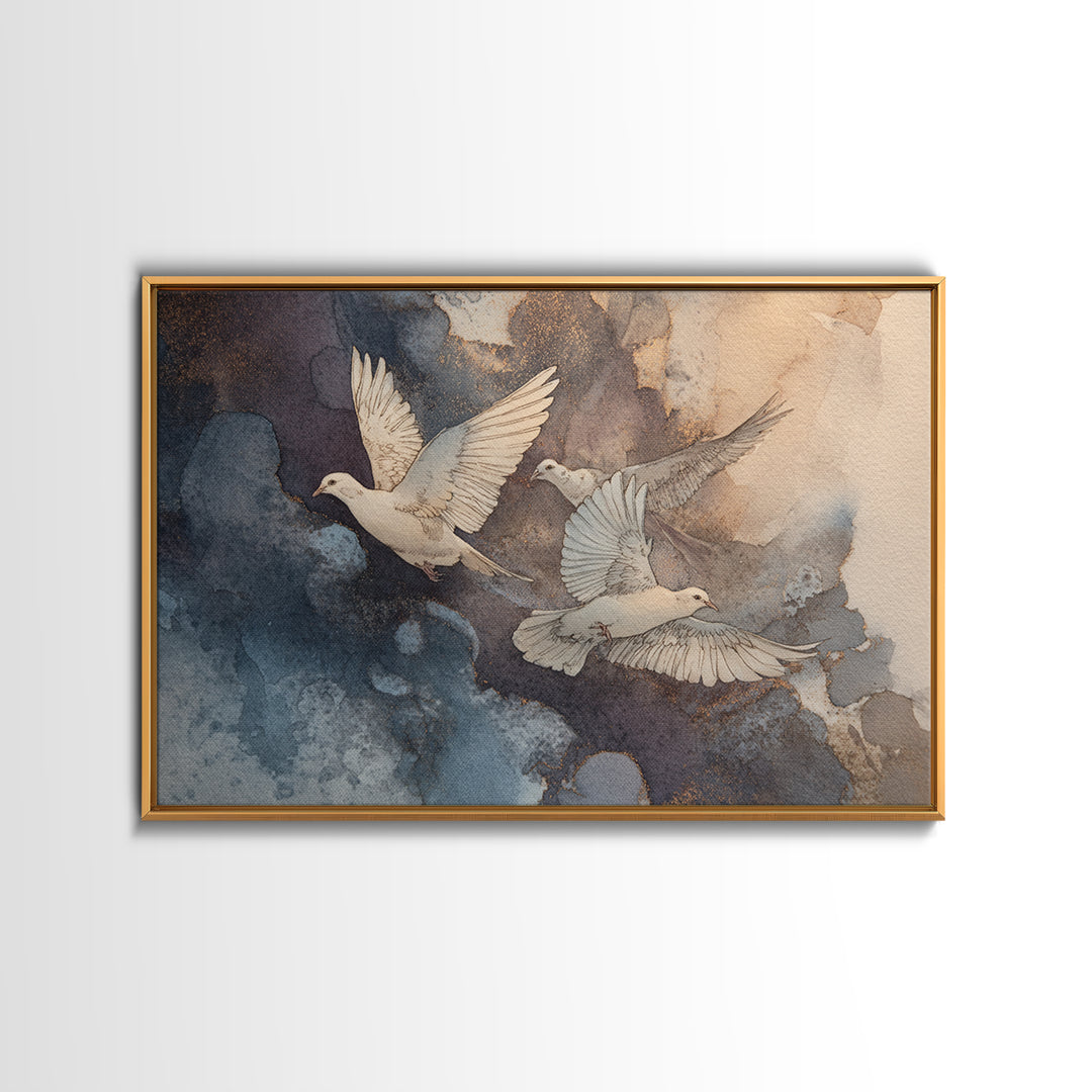 Doves Flying Through Soft Golden Light Framed Canvas Print, Wedding Art, Minimalist Decor, Living Room Decor, Fine Art, Romance, WED-3x2-15