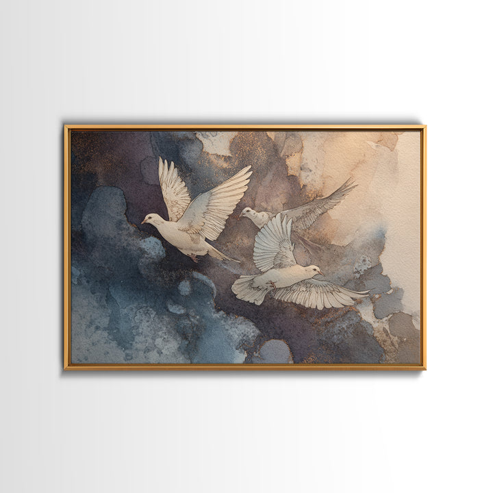Doves Flying Through Soft Golden Light Framed Canvas Print, Wedding Art, Minimalist Decor, Living Room Decor, Fine Art, Romance, WED-3x2-15