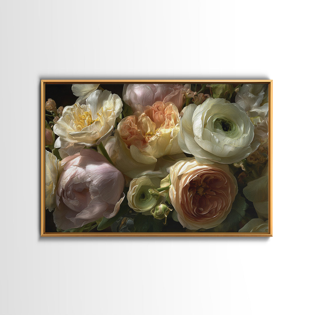 Peony and Ranunculus Bouquet Framed Canvas Print, Wedding Art, Wedding Guest Book, Living Room Decor, Fine Art, Romance, WED-3x2-24
