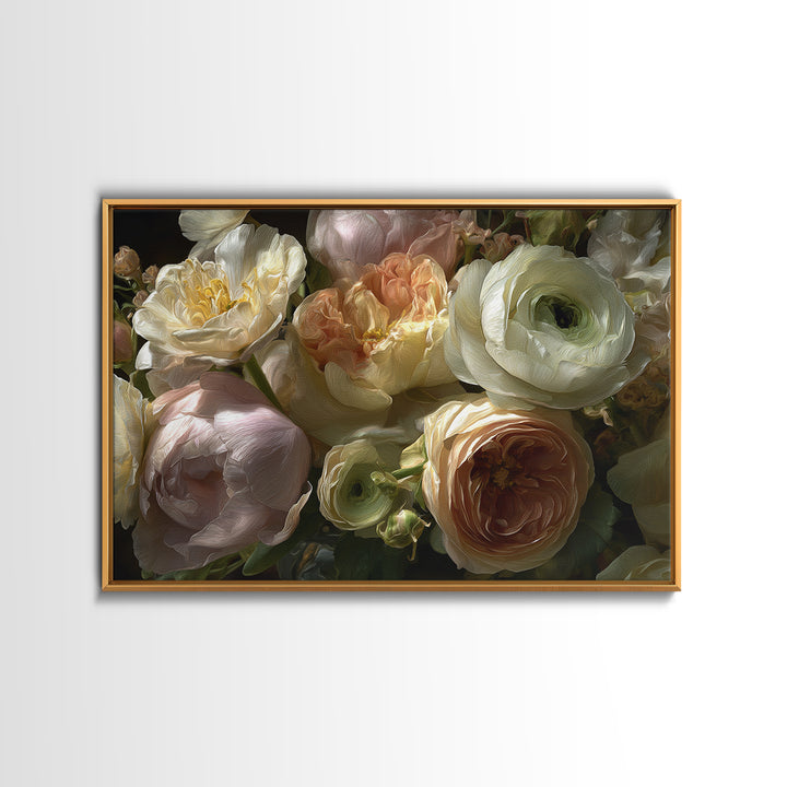 Peony and Ranunculus Bouquet Framed Canvas Print, Wedding Art, Wedding Guest Book, Living Room Decor, Fine Art, Romance, WED-3x2-24