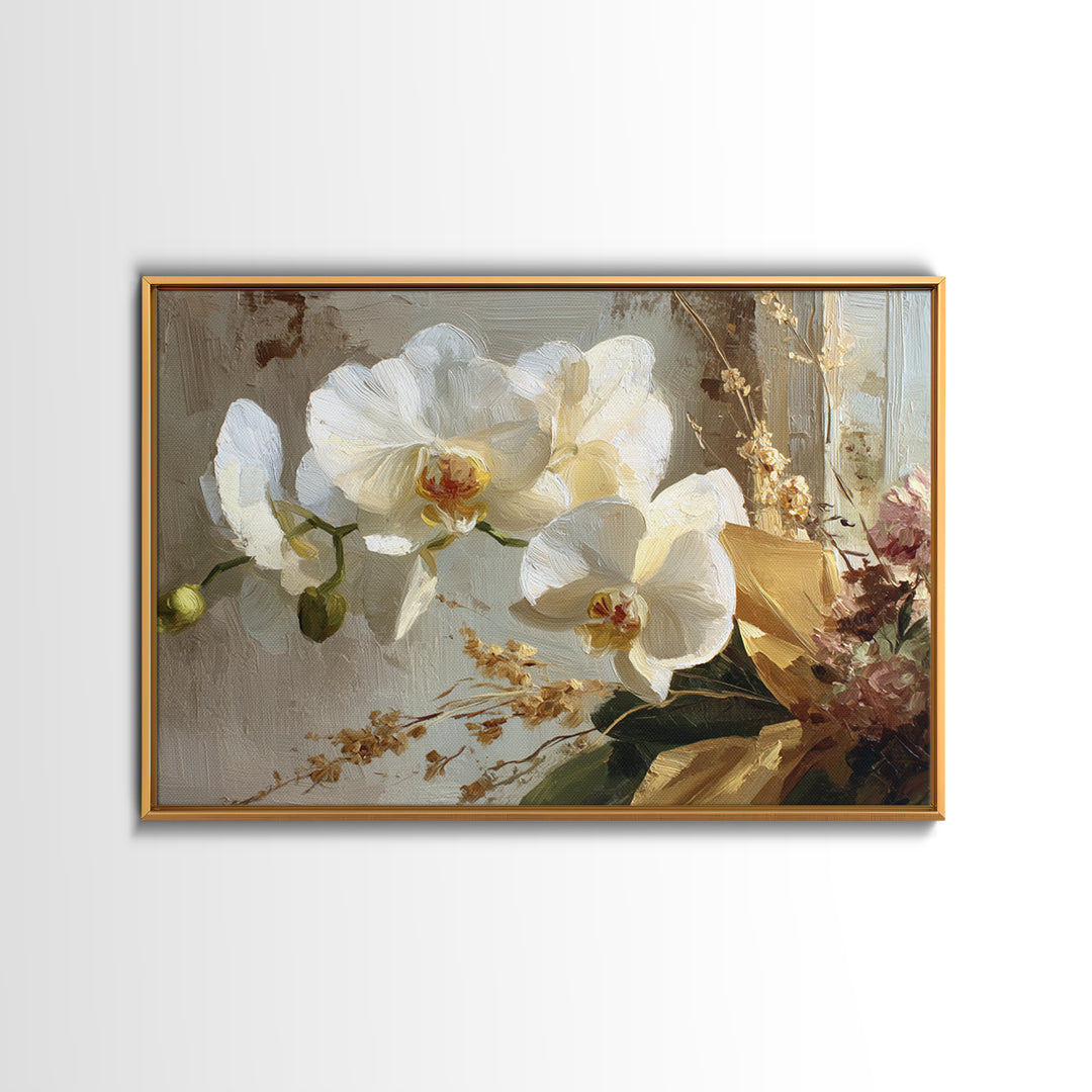 White Orchid and Gold Ribbon Composition Framed Canvas Print, Wedding Art, Wedding, Living Room Decor, Fine Art, Romance, WED-3x2-28