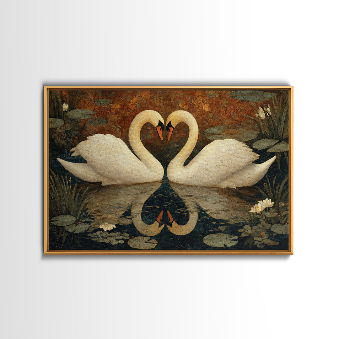 Two Swans Forming a Heart on Dark Canvas Print, Wedding Art, Custom Painting, Living Room Decor, Romance, Wedding Reception, WED-3x2-30
