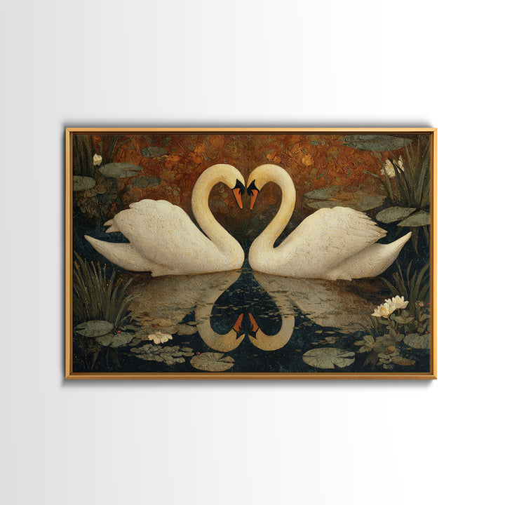 Two Swans Forming a Heart on Dark Canvas Print, Wedding Art, Custom Painting, Living Room Decor, Romance, Wedding Reception, WED-3x2-30